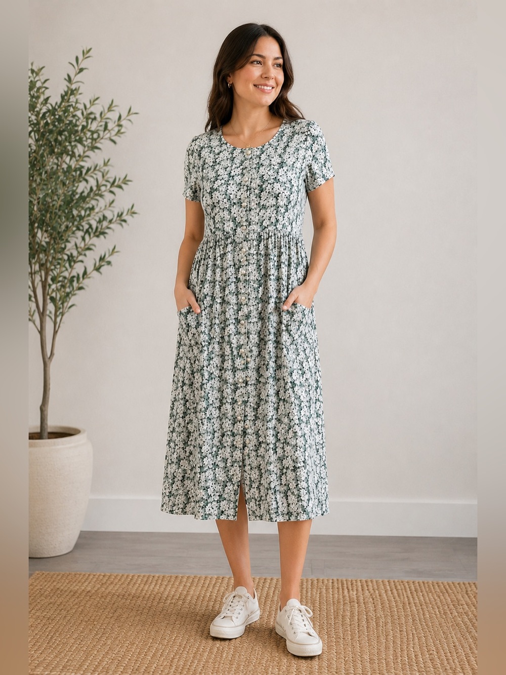 Vintage 90s All That Jazz Green Floral Midi Dress Cottagecore Size 5/6